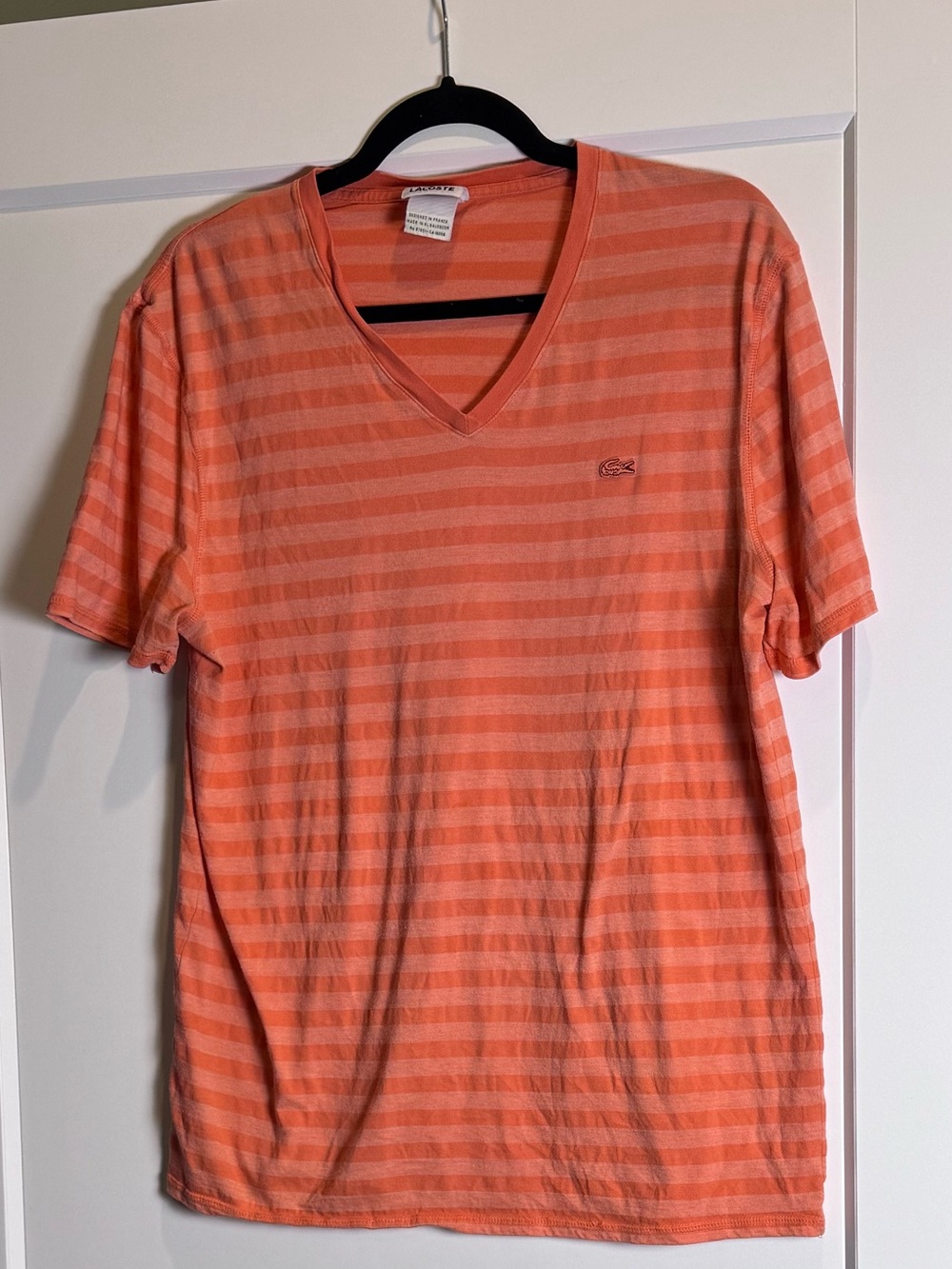 Lacoste Men's V-Neck Striped Tee Coral Orange XL 6